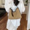 Leather Trim Woven Shoulder Bag