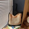 Leather Trim Woven Shoulder Bag