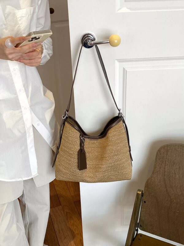 Leather Trim Woven Shoulder Bag